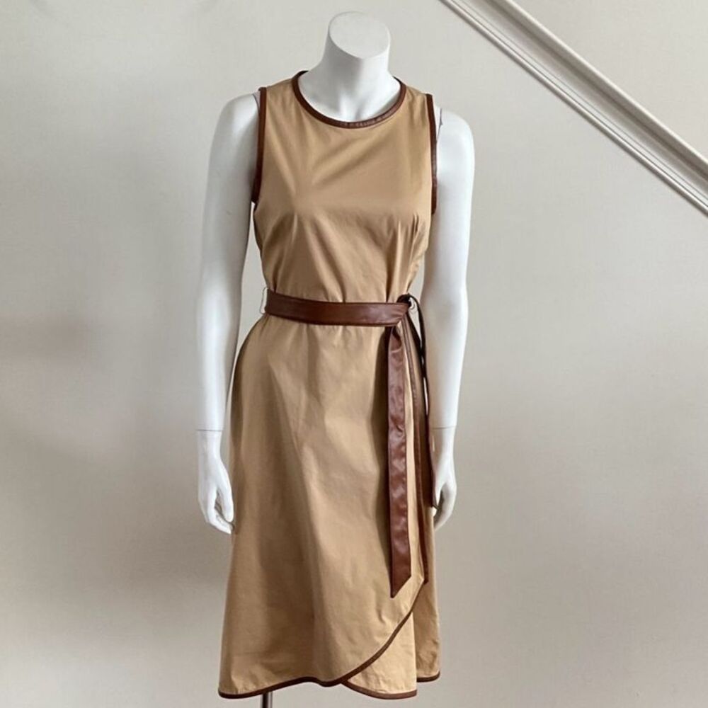 New DKNY Midi Sleeveless Faux Wrap Dress Tan Brown 6 - Picture 5 of 10